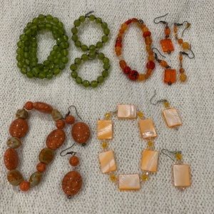 4 bracelets and earrings sets. Color ranges are green, orange and peach